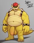  2021 absurd_res anthro armband balls belly big_balls big_penis bodily_fluids bowser bracelet darksideofdiscovery dated flaccid foreskin genital_fluids genitals grey_background hair hi_res horn humanoid_genitalia humanoid_penis jewelry koopa looking_at_viewer male mario_bros musclegut muscular muscular_anthro muscular_male navel nintendo nipples nude overweight overweight_anthro overweight_male penis precum scalie shell signature simple_background solo spiked_armband spiked_bracelet spiked_shell spikes spikes_(anatomy) standing uncut video_games 