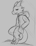  against_wall anthro barefoot claws clothing feet garrts hands_in_pockets hoodie horn kobold looking_at_viewer male narrowed_eyes pockets reptile scalie side_b sketch solo standing topwear 