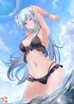  1girl alternate_costume armpits arms_behind_head arms_up azur_lane bare_shoulders bikini bird blue_hair blush breasts cloud cloudy_sky collarbone flower fpesu frilled_bikini frills hair_flower hair_ornament highres in_water large_breasts long_hair looking_at_viewer manjuu_(azur_lane) navel neptune_(azur_lane) ocean one_eye_closed red_flower seagull shell_hair_ornament shiny shiny_skin sky smile sunglasses swimsuit thighs twitter_username two_side_up very_long_hair wading white_flower yellow_eyes 