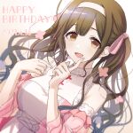  1girl :d ahoge bangs bare_shoulders breasts dated detached_sleeves dress finger_to_mouth floral_print frilled_sleeves frills green_hair hair_ribbon hairband happy_birthday idol idolmaster idolmaster_shiny_colors kuwayama_chiyuki looking_at_viewer medium_breasts open_mouth ribbon signature simple_background sleeveless sleeveless_dress smile solo tobade_(tbdfactory) twintails white_background 