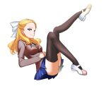  1girl black_legwear blazer blonde_hair blue_eyes blue_skirt bow breasts closed_mouth code_lyoko cosplay doki_doki_literature_club floating_hair from_side full_body hair_bow interlocked_fingers jacket laura_gauthier leg_up long_hair long_sleeves medium_breasts miniskirt monika_(doki_doki_literature_club) monika_(doki_doki_literature_club)_(cosplay) morihaw neck_ribbon plaid plaid_skirt ribbon school_uniform shiny shiny_clothes shiny_hair shiny_legwear simple_background skirt smile solo thighhighs white_background white_bow white_footwear zettai_ryouiki 