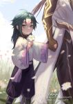  2boys ahoge arm_tattoo baggy_pants bangs black_hair blurry blurry_foreground blush brown_hair child cloud_print diamond-shaped_pupils diamond_(shape) english_commentary eyeshadow facial_mark flower forehead_mark genshin_impact grass green_hair highres holding holding_flower holding_hands long_hair looking_at_viewer makeup male_focus multicolored_hair multiple_boys nikkipettt open_mouth pants parted_bangs petals ponytail red_eyeshadow sidelocks slit_pupils symbol-shaped_pupils symbol_commentary tattoo two-tone_hair white_flower wide_sleeves xiao_(genshin_impact) yellow_eyes younger zhongli_(genshin_impact) 