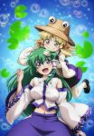  2girls :d blonde_hair blue_eyes blush_stickers breasts brown_headwear closed_mouth commentary_request detached_sleeves eyebrows_visible_through_hair eyes frog_hair_ornament green_hair hair_ornament hair_tubes hands_on_another&#039;s_head hat kochiya_sanae large_breasts long_hair looking_at_another lunamoon midriff moriya_suwako multiple_girls navel open_mouth smile snake_hair_ornament thighhighs touhou white_legwear wide_sleeves 