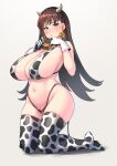  1girl alternate_costume animal_print bangs bell bikini blush breasts brown_eyes brown_hair cleavage closed_mouth cow_print cow_tail cowbell ear_tag eyebrows_visible_through_hair fake_horns gloves grey_background highleg highleg_bikini highres horns huge_breasts kantai_collection kneeling konoshige_(ryuun) long_hair neck_bell ooi_(kancolle) simple_background solo sweat swimsuit tail thighhighs very_long_hair 