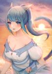  1girl animal_ears avatar_(ffxiv) blue_hair breasts cat_ears cat_girl cat_tail chitose_mame cleavage commentary_request dress eyebrows_visible_through_hair facial_mark final_fantasy final_fantasy_xiv highres long_hair looking_at_viewer medium_breasts miqo&#039;te ocean off-shoulder_dress off_shoulder ponytail purple_eyes smile sunset tail whisker_markings white_dress 