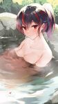  1girl bangs bare_shoulders bath bathing black_hair blush breasts collarbone commission copyright_request highres large_breasts long_hair looking_at_viewer multicolored_hair nude onsen ponytail red_eyes red_hair rock skeb_commission smile streaked_hair tomozero water wet 