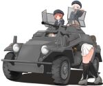  4girls armored_car armored_vehicle blonde_hair blue_eyes blue_headwear brown_eyes brown_hair clothes_writing dress ground_vehicle hat highres kantai_collection long_hair low_twintails miniskirt multiple_girls pleated_skirt prinz_eugen_(kancolle) redundant-cat sailor_dress sailor_hat short_hair silver_hair skirt twintails u-511_(kancolle) white_skirt z1_leberecht_maass_(kancolle) z3_max_schultz_(kancolle) 