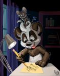  anthro bookshelf curtains duo furniture giant_panda lamp male mammal mouse murid murine pandapaco pencil_(object) rodent ursid 