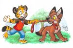  anthro canid canine canis coyote duo felid grass leash male mammal pandapaco pantherine plant tiger tree 