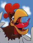  2018 amethystbeetle anthro avian avian_caruncle beak bedroom_eyes bird blurred_background bodily_fluids brown_body brown_feathers chicken close-up cloud cloudscape comb_(anatomy) dated day dewlap_(anatomy) digital_media_(artwork) drooling feathers foghorn_leghorn front_view galliform gallus_(genus) gaping_mouth head_crest hi_res hungry imminent_vore looking_at_viewer looney_tunes male mouth_shot multicolored_body multicolored_feathers narrowed_eyes open_beak open_mouth open_smile outside phasianid red_tongue saliva seductive signature sky smile solo tongue tongue_out uvula vore warner_brothers wattle white_body white_feathers yellow_beak 