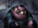  2020 4_eyes alien alien_humanoid clothed clothing crees_art disney frown hi_res humanoid jumba_jookiba kweltikwan lilo_and_stitch male multi_eye obese obese_humanoid obese_male open_frown open_mouth overweight overweight_humanoid overweight_male pink_body poster prison prisoner purple_body redraw signature solo yellow_sclera 