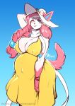  2021 anthro anthrofied big_breasts blush breasts clothed clothing eeveelution female hair hi_res huge_breasts long_hair looking_at_viewer nintendo nipple_outline pok&eacute;mon pok&eacute;mon_(species) pok&eacute;morph pregnant solo sylveon text the_dogsmith url video_games 