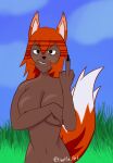  absurd_res animal_humanoid areola breast_grab breasts canid canid_humanoid canine canine_humanoid dark_body dark_skin dipstick_tail ereptile_art fangs female fox fox_humanoid gesture hair hand_on_breast hi_res humanoid mammal mammal_humanoid middle_finger multicolored_tail nipples orange_hair solo terraria zoologist_(terraria) 