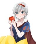  1girl anastasia_(idolmaster) apple bangs blue_eyes blue_shirt blush bow bow_hairband breasts cleavage closed_mouth collarbone cosplay earrings eyebrows_visible_through_hair food fruit hair_between_eyes hair_bow hairband haruno_(haruno_na) highres holding holding_food holding_fruit idolmaster idolmaster_cinderella_girls jewelry looking_at_viewer medium_breasts red_apple red_bow red_hairband shiny shiny_hair shirt short_hair short_sleeves silver_hair simple_background sitting skirt smile snow_white_(disney) snow_white_(disney)_(cosplay) solo white_background yellow_skirt 