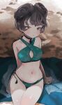  1girl absurdres aqua_bikini bangs beach beach_towel bikini black_choker blue_towel breasts choker cleavage cleavage_cutout clothing_cutout collarbone commentary criss-cross_halter girls_und_panzer girls_und_panzer_senshadou_daisakusen! green_eyes groin hair_rings halterneck highres hosomi_shizuko looking_at_viewer medium_breasts navel outdoors parted_lips shade short_hair side-tie_bikini sitting solo swimsuit tama_launcher thigh_gap thighs towel wet 