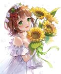  1girl absurdres amami_haruka bangs bow breasts brown_hair cleavage collarbone dress eyebrows_visible_through_hair flower frilled_dress frills green_eyes hair_bow hair_flower hair_ornament highres holding holding_flower hyoin idolmaster idolmaster_(classic) looking_at_viewer open_mouth red_bow solo spaghetti_strap sunflower upper_body white_background white_dress white_flower 