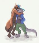  anthro arms_around_neck blue_body blue_fur canid canine clothed clothing digitigrade duo featureless_crotch friends fur grey_body grey_skin hand_on_back head_on_head hoodie horn hug kobold male mammal night_mint nude reptile scalie side_b simple_background smile tan_body tan_fur topwear white_background 