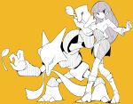  1girl alakazam boots brown_background full_body gen_1_pokemon greyscale gym_leader highres holding holding_spoon long_hair long_sleeves looking_at_viewer ma_sakasama monochrome pokemon pokemon_(creature) sabrina_(pokemon) simple_background spoon standing 