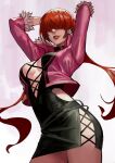  1girl breasts cleavage cleavage_cutout clothing_cutout cropped_jacket doodle earrings hair_over_eyes jewelry large_breasts leotard lips long_hair looking_at_viewer makeup miniskirt phamoz ponytail red_hair shermie_(kof) simple_background skirt smile solo split_ponytail the_king_of_fighters twintails 