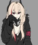  1girl black_jacket black_scarf blonde_hair breasts eyebrows_visible_through_hair girls_frontline grey_background highres jacket long_hair looking_at_viewer loveu m4_sopmod_ii_(girls_frontline) mechanical_arms multicolored_hair open_clothes open_jacket red_eyes scarf single_mechanical_arm solo tongue tongue_out 