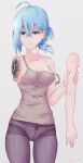  1girl absurdres android blue_eyes blue_hair breasts damaged detached_arm glasses highres mechanical_parts pantyhose rasen_manga simple_background thighs vivy vivy:_fluorite_eye&#039;s_song 