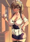  1girl alternate_costume apron blouse breasts brown_eyes brown_hair commentary_request cup enmaided frilled_blouse hand_on_hip highres kaga_(kancolle) kantai_collection large_breasts long_hair maid miniskirt osananajimi_neko saucer side_ponytail skirt solo teacup waist_apron waitress white_apron white_blouse work_in_progress 