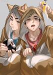  2boys animal_costume arm_up bangs blurry blush brothers brown_eyes brown_hair eating food food_on_face fox_costume green_hair grey_background grey_eyes haikyuu!! highres holding keki_chogyegi looking_at_viewer looking_up male_focus miya_atsumu miya_osamu multiple_boys open_mouth shaded_face short_hair siblings simple_background twins 