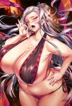  1girl absurdres alternate_body_size alternate_breast_size areola_slip areolae bangs bikini blurry blurry_background blush breasts collarbone commentary_request condom cor369 cum cum_in_mouth cum_on_body cum_on_breasts curvy daki_(kimetsu_no_yaiba) facial_mark hair_ornament hand_on_hip highres holding holding_condom huge_breasts jewelry kimetsu_no_yaiba long_hair looking_at_viewer open_mouth plump solo swept_bangs swimsuit tongue tongue_out used_condom very_long_hair white_hair yellow_eyes 