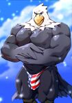  2019 4th_of_july accipitrid accipitriform animal_crossing anthro apollo_(animal_crossing) areola avian bald_eagle beak biceps big_biceps big_bulge big_muscles big_pecs bird bulge clothed clothing digital_media_(artwork) eagle feather_hands feathers front_view genital_outline grey_areola grey_body grey_feathers grey_nipples hands_together hi_res jockstrap looking_at_viewer male multicolored_body multicolored_feathers muscular muscular_anthro muscular_male nintendo nipples pecs penis_outline portrait quads scutes sea_eagle solo sparkles stars_and_stripes tail_feathers taoren thick_thighs three-quarter_portrait topless underwear underwear_only united_states_of_america video_games white_body white_feathers yellow_beak 
