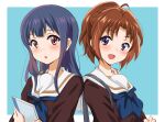  2girls :d :o blue_hair blue_neckwear blush brown_hair brown_shirt hibike!_euphonium highres holding holding_notebook kitauji_high_school_uniform kurumiyasan_ns long_hair long_sleeves looking_at_another multiple_girls nakagawa_natsuki neckerchief notebook open_mouth ponytail purple_eyes red_eyes sailor_collar school_uniform serafuku shirt simple_background smile two-tone_background white_sailor_collar yoroizuka_mizore 