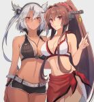  2girls adapted_costume bikini black_bikini blush breasts brown_eyes brown_hair cleavage closed_mouth collarbone cowboy_shot eyebrows_visible_through_hair flower glasses grey_background hair_between_eyes hair_flower hair_ornament highres jewelry kantai_collection kasumi_(skchkko) large_breasts long_hair multiple_girls musashi_(kancolle) navel necklace pink_flower ponytail red_eyes red_sarong sarong silver_hair simple_background smile swimsuit two_side_up white_bikini yamato_(kancolle) 