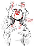  anthro antlers blood bodily_fluids capreoline cervid clothing english_text female horn mammal red_eyes red_nose reindeer rue_(the-minuscule-task) shirt simple_background sketch solo text the-minuscule-task topwear undead zombie 