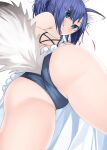  1girl animal_ear_fluff animal_ears ass azur_lane bikini bikini_bottom blue_bikini blue_eyes blue_hair blush ears eyebrows_visible_through_hair fox_ears fox_tail hair_between_eyes jintsuu_(azur_lane) jintsuu_(the_tactician&#039;s_vacation_(azur_lane) long_hair looking_down ootani_nonno sarong simple_background solo swimsuit tail white_background 