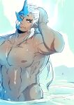  1boy abs bara bath bathing completely_nude dark_skin dark_skinned_male fang groin half_mask head_tilt highres horns large_pectorals lily_(mahalikumahalita) long_hair looking_at_viewer male_focus monster_boy muscular muscular_male nipples no_pupils nude pectorals ponytail short_hair shuten_douji_(tokyo_houkago_summoners) sideburns single_horn smile solo stomach tokyo_houkago_summoners wet white_hair 