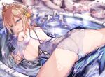  1girl argyle_cutout ass back bangs bare_shoulders blonde_hair blue_eyes blush breasts clothing_cutout dress europa_(granblue_fantasy) flower fountain granblue_fantasy hair_flower hair_ornament large_breasts looking_at_viewer looking_back mathiamo13 spread_legs tiara water wet white_dress 