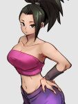  1girl bare_shoulders black_eyes black_hair breasts caulifla caulifla_(cosplay) cleavage collarbone cosplay dragon_ball dragon_ball_super grey_background hand_on_hip kale_(dragon_ball) kemachiku large_breasts looking_at_viewer midriff navel ponytail short_hair simple_background solo 