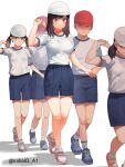  3boys 3girls a1 baseball_cap blue_shorts breasts brown_hair commentary_request dancing full_body gym_shirt gym_uniform hat highres holding_hands ichijou_hotaru large_breasts looking_at_breasts medium_hair multiple_boys multiple_girls non_non_biyori shirt shoes shorts size_difference sneakers solo_focus sports_festival tall_female twitter_username white_background 