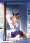 anthro bathroom bottomwear brown_body brown_fur brush brushing brushing_teeth canid canine cellphone cheek_tuft claws clothing countershade_torso countershading detailed_background digital_media_(artwork) exposed_stomach facial_tuft finger_claws footprint fox foxy_(nekojita) fur green_eyes head_tuft hi_res inner_ear_fluff inside kemono light lighting looking_at_self male mammal mirror nekojita one_eye_closed orange_body orange_fur pawprint phone purple_bottomwear purple_clothing purple_shorts shaded shadow shorts smartphone solo standing toothpick tuft 