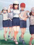  3boys 3girls a1 baseball_cap blue_shorts breasts brown_hair commentary_request dancing full_body gym_shirt gym_uniform hat highres holding_hands ichijou_hotaru large_breasts looking_at_breasts medium_hair multiple_boys multiple_girls non_non_biyori shirt shoes shorts size_difference sneakers solo_focus sports_festival twitter_username 