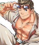 1boy abs absurdres bara bare_pectorals blush collarbone goggles goggles_on_head highres kurogane_(tokyo_houkago_summoners) looking_at_viewer male_focus muscular muscular_male navel nipples open_clothes open_pants open_shirt pants pectorals sekigan_no_samurai_(gatu_1221) short_hair sideburns sleeves_rolled_up solo stomach thick_eyebrows tokyo_houkago_summoners 