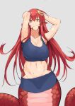  absurdres arms_behind_head breasts commission commissioner_upload hair_ornament head_tilt highres lamia large_breasts long_hair looking_at_viewer miia_(monster_musume) miniskirt monster_girl monster_musume_no_iru_nichijou pointy_ears red_hair scales sketch skirt smile sports_bra stomach stormcow sweat wide_hips yellow_eyes 