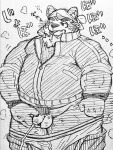  3:4 anthro balls bandanna belly black_and_white blush canid canine canis clothed clothing domestic_dog donuts72 flaccid genitals hi_res japanese_text kemono kerchief live-a-hero male mammal mokdai monochrome overweight overweight_anthro overweight_male pants_down partially_clothed peeing penis pubes solo text traditional_media_(artwork) 