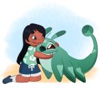  1:1 2021 alien ambiguous_gender ani_pelekai black_hair bottomwear brown_eyes clothed clothing digital_drawing_(artwork) digital_media_(artwork) dipstick_ears disney duo experiment_(lilo_and_stitch) facial_markings female feral forehead_markings green_body green_nose hair head_markings hi_res hug human kneeling lilo_and_stitch long_hair male_(lore) mammal markings multi_leg multi_limb multicolored_ears one_eye_closed plasmoid_(lilo_and_stitch) salty_nebula shorts simple_background stitch! tail_markings 