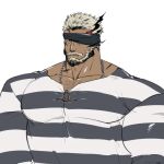  2boys asutarou balor_(tokyo_houkago_summoners) bara beard black_hair blonde_hair blue_eyes chest_hair dark_skin dark_skinned_male eyepatch facial_hair flaming_eye giant giant_male grabbing large_pectorals looking_at_viewer male_cleavage male_focus mature_male miniboy multicolored_hair multiple_boys muscular muscular_male pectoral_grab pectorals prison_clothes scar scar_on_cheek scar_on_face shirt short_hair solo_focus tight tight_shirt tokyo_houkago_summoners two-tone_hair upper_body yaoi 