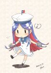  1girl absurdres artist_name blue_hair blue_sailor_collar chibi cosplay dated depth_charge dress eighth_note fairy_(kancolle) flag full_body fyuo hat hiburi_(kancolle) hiburi_(kancolle)_(cosplay) highres kantai_collection long_hair multicolored_hair musical_note red_hair sailor_collar sailor_dress sailor_hat short_sleeves solo south_dakota_(kancolle) spoken_musical_note standing star_(symbol) white_dress white_hair white_headwear 