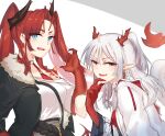 2girls :d arknights bangs bare_shoulders black_jacket blue_eyes commentary_request eyebrows_visible_through_hair fur-trimmed_jacket fur_trim grey_background hand_up highres horns jacket long_hair looking_at_viewer mabing multiple_girls nian_(arknights) off-shoulder_shirt off_shoulder open_mouth oripathy_lesion_(arknights) pointy_ears purple_eyes red_hair shirt silver_hair smile toddifons_(arknights) twintails two-tone_background upper_body white_background white_jacket white_shirt 
