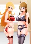  2girls absurdres ass black_bra black_legwear black_panties blonde_hair blue_eyes blurry blush bra breasts brown_hair cleavage cowboy_shot depth_of_field fishnet_legwear fishnets garter_belt garter_straps highres idolmaster idolmaster_million_live! inverted_nipples jikantai lace-trimmed_legwear lace_trim large_breasts lingerie long_hair multiple_girls navel panties red_bra red_legwear red_panties shinomiya_karen skindentation thighhighs tokoro_megumi underwear underwear_only 