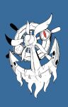  anchor blue_background dhelmise full_body gen_7_pokemon helmet highres looking_at_viewer ma_sakasama no_humans pokemon pokemon_(creature) red_eyes ship&#039;s_wheel simple_background solo 
