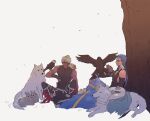  2boys animal archer_(fate) bird blue_hair bracelet bunny capelet cu_chulainn_(caster)_(fate) cu_chulainn_(fate)_(all) dark_skin dark_skinned_male dog earrings elbow_gloves fate/grand_order fate_(series) fingerless_gloves full_body fur-trimmed_hood fur_trim gloves hawk highres hood hooded_capelet hoshi_(hosi_xxxx) jewelry knee_up long_hair looking_at_another male_focus multiple_boys muscular muscular_male open_mouth pants red_eyes short_hair simple_background sitting skin_tight smile spiked_hair squirrel tank_top toeless_footwear tree white_background white_hair white_wolf wolf 