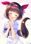  1girl :d ^_^ animal_ears bangs black_hair blurry blurry_foreground closed_eyes depth_of_field eyebrows_visible_through_hair facing_viewer hair_ornament hairband hairclip hands_up head_tilt highres horse_ears horse_girl horse_tail ko_yu looking_at_viewer nishino_flower_(umamusume) open_mouth pink_hairband pleated_skirt puffy_short_sleeves puffy_sleeves purple_shirt school_uniform shirt short_hair short_sleeves skirt smile solo tail tracen_school_uniform umamusume white_skirt x_hair_ornament 